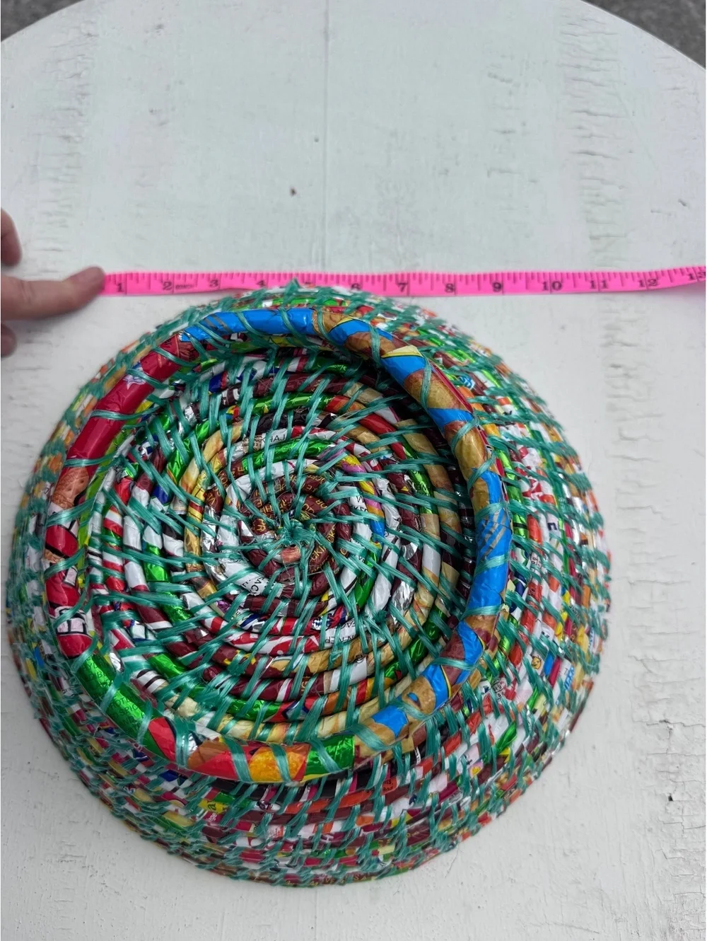 Handmade Upcycled Recycled Wrapper Basket Bowl Colorful Woven Folk Art 12”